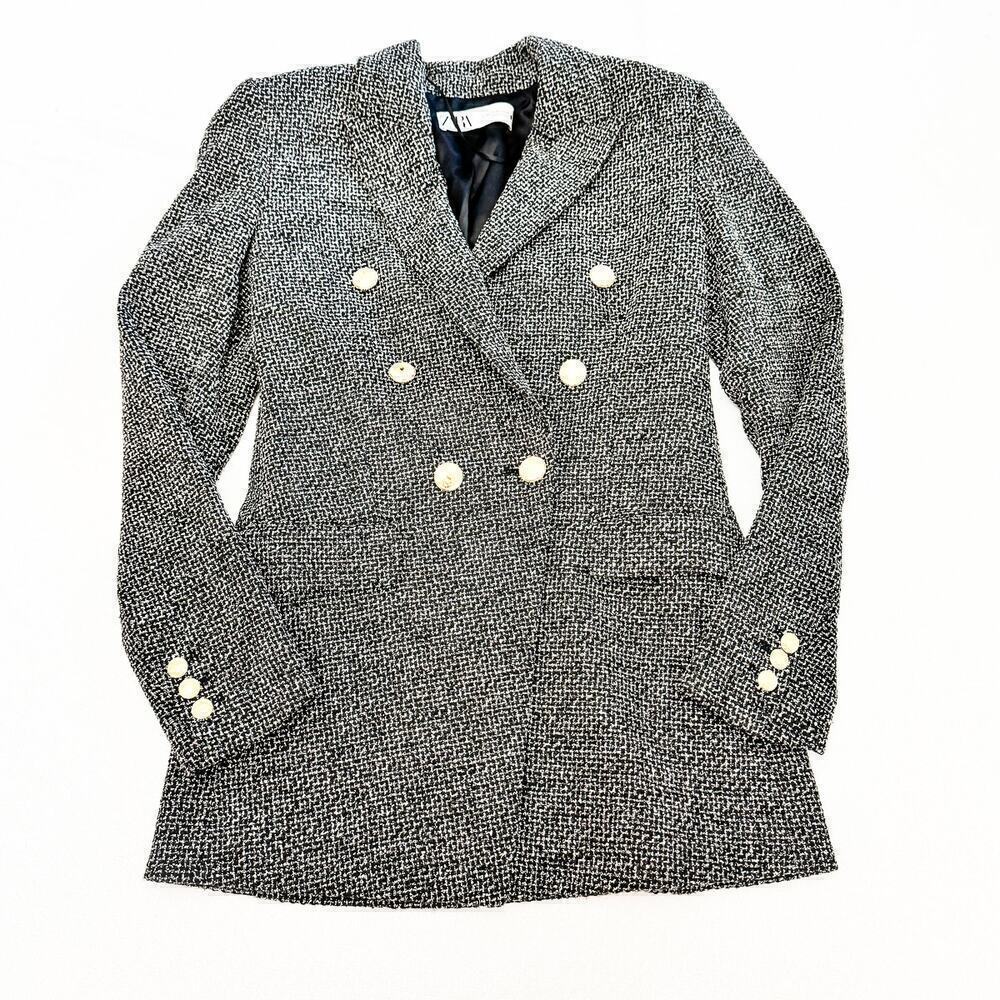 Zara Black and White Tweed Blazer Woven Texture Size XS